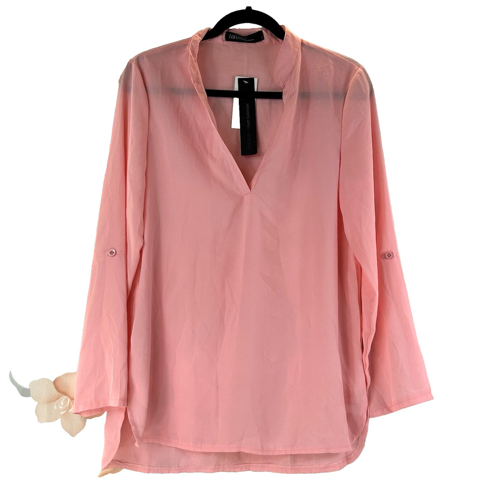 Zanzea Top Womens Small Pink Roll‎ Tab Sleeve Band Collar V Neck Sheer Pullover